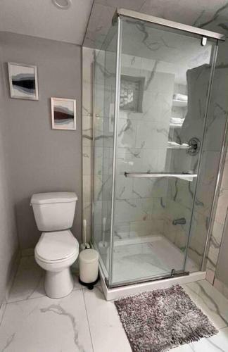 Adorable1-Bedroom Basement apartment, free parking في برامبتون: حمام مع دش ومرحاض