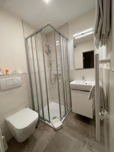 a bathroom with a shower and a toilet and a sink at Gasthaus Pension Geimer in Plütscheid