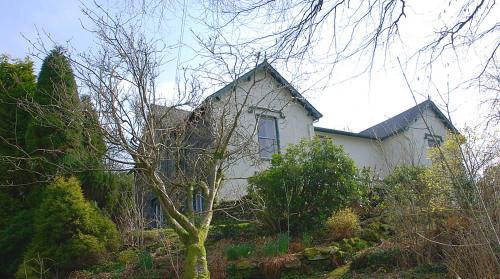 a white house on a hill with trees at The Old Rectory in Coniston