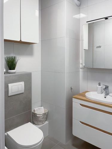 a white bathroom with a toilet and a sink at Apartament Cudovny z własnym ogródkiem i miejscem parkingowym w garażu in Kudowa-Zdrój