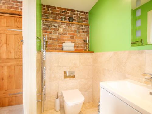 a bathroom with a toilet and a green wall at Carnotze in Dorchester