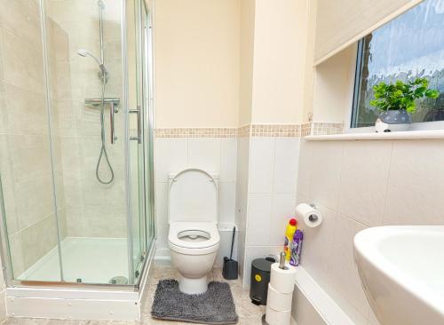 W łazience znajduje się prysznic, toaleta i umywalka. w obiekcie SureSpring Apartment w mieście Slades Green