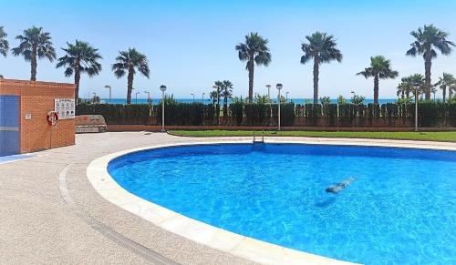 a large blue pool with palm trees in the background at Playa Dorada VISTAS al MEDITERRANEO in El Borseral