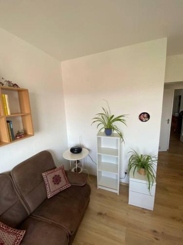 uma sala de estar com um sofá e dois vasos de plantas em Bamberg auf einen Blick - Gemütliches Zimmer in der geteilten Wohnung eines freundlichen Paares em Bamberg