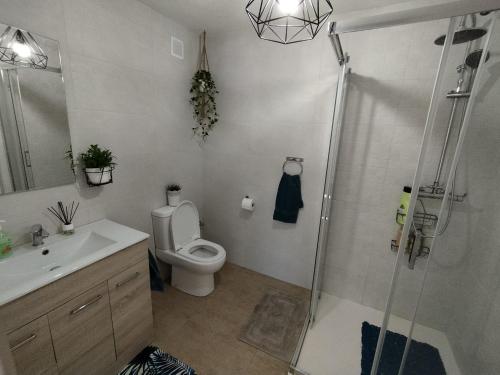 y baño con ducha, aseo y lavamanos. en Detached Villa With Private Pool Torrevieja, en Torrevieja