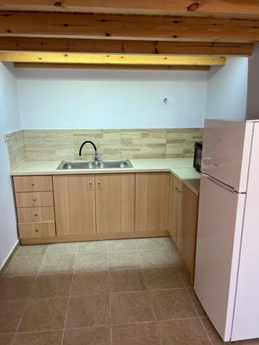 a kitchen with a sink and a refrigerator at yoco in Eleonas
