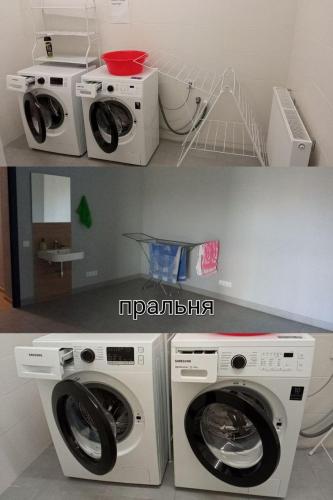 two pictures of a laundry room with a washer and dryer at Hostel GREY in Mukacheve