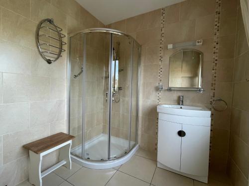 uma casa de banho com um chuveiro, um WC e um lavatório. em Millhouse B&B em Ballymote