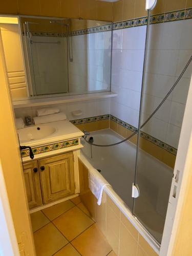 a bathroom with a sink and a shower at AZUR APPARTEMENT (SEA VIEW) LES RESTANQUES DE ST-TROPEZ1131 in Grimaud