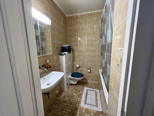 La petite salle de bains est pourvue de toilettes et d'un lavabo. dans l'établissement Agréable appartement près du lac, à Versoix