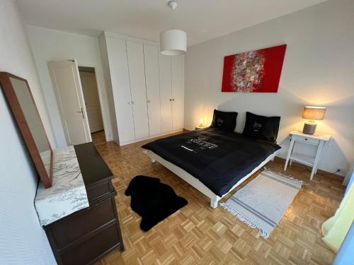 sypialnia z czarnym łóżkiem i czerwonym obrazem w obiekcie Agréable appartement près du lac w mieście Versoix