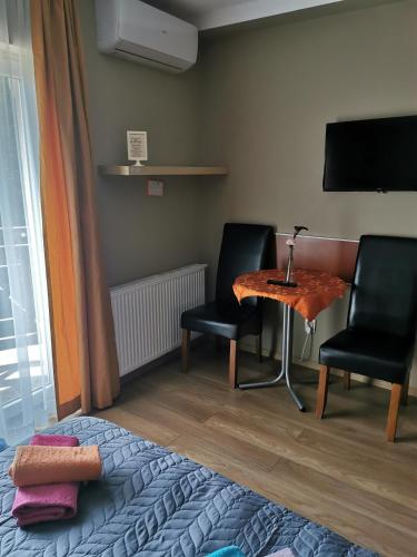una camera da letto con un tavolo e due sedie e una televisione di Willa Solan a Ciechocinek