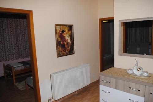 ein Zimmer mit einem Gemälde an der Wand und einer Theke in der Unterkunft George's Apartment in Gjirokastër