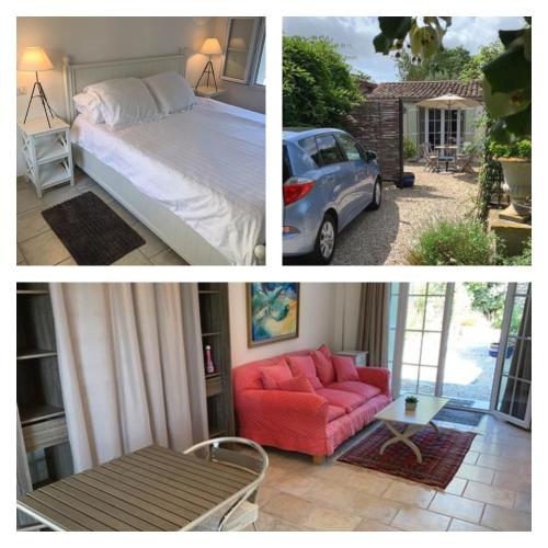 2 fotos de un dormitorio con cama y sofá en Gîte tout confort (SPA, Sauna, piscine chauffée), en Saint-Vivien