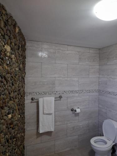 a bathroom with a toilet and towels on a wall at Eden Crest Villa in Anse La Raye