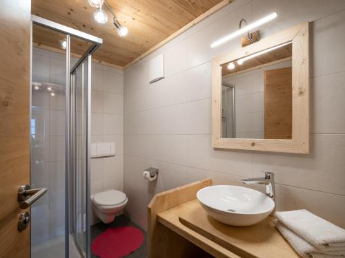 a bathroom with a sink and a toilet and a mirror at Appartements Grünholz in Itter