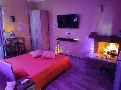 a bedroom with a bed with a fireplace and a tv at COUNTRYSIDE SUITE in Ceprano