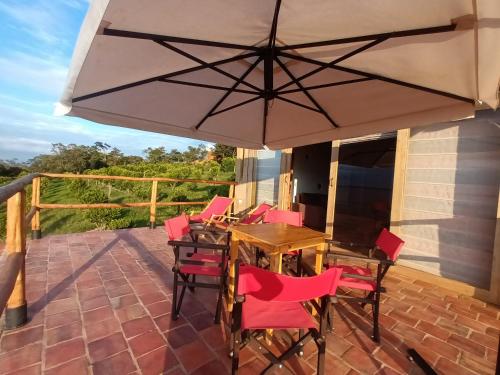a patio with a table and chairs and an umbrella at Hotel Cariguá in Barichara