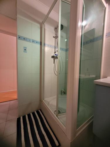 パリにあるモデルヌ エ リュミヌーのバスルーム(ガラスドア付きのシャワー付)