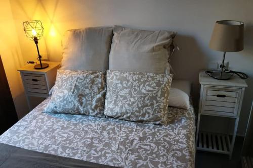 een bed met twee kussens erop bij Fabuloso apartamento en Triana in Sevilla