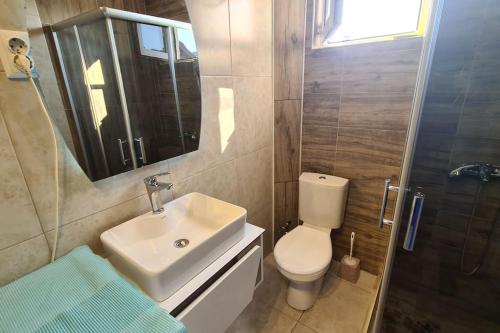 a bathroom with a sink and a toilet and a shower at Pristina Apartments in Prishtinë