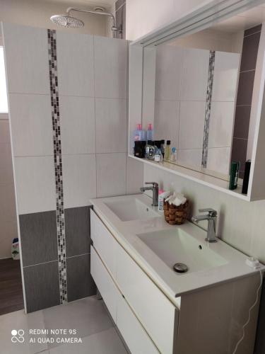 une salle de bain avec un lavabo et un miroir dans l'établissement Familly 10 min du circuit 15 min de boulerie jump et 1h30 de Paris Saint Arnoult en voiture ou 55 min en train pensez aux JO, à Changé