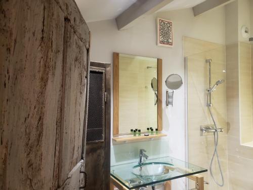 ein Badezimmer mit einem Glaswaschbecken und einer Dusche in der Unterkunft La petite hostellerie in Uzès