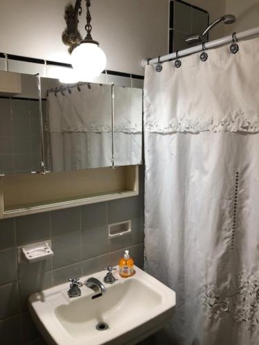 baño con lavabo y cortina de ducha en Hermoso Depto frente al mar Brown 782 en Mar del Plata