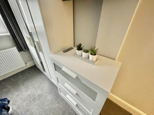 a white counter with two plants on it in a room at LYMM LIVING in Warrington