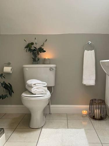 a bathroom with a toilet with towels on it at Cosy family home in Strandhill in Sligo