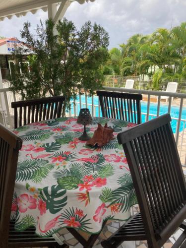 a table with a flowery table cloth on a patio at LE VILLAGE DE CANADA in Faup