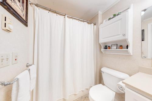 a bathroom with a toilet and a shower curtain at Riverbend in Newry