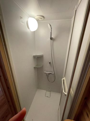a bathroom with a shower and a toilet with a light at 小舞庵 Komaian in Tokushima
