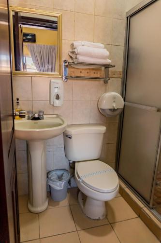 a bathroom with a toilet and a sink and a shower at Art Hotel Boutique in San Pedro Sula