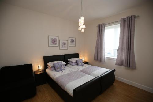 a bedroom with a bed with blue pillows and a window at Dalry House Residence in Edinburgh