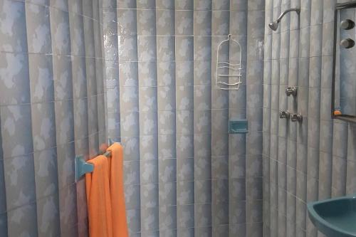 y baño con ducha y cortina de ducha. en Amplia y cómoda casa, para 2 a 8 personas a unos pasos de la plaza, en Ocotlán