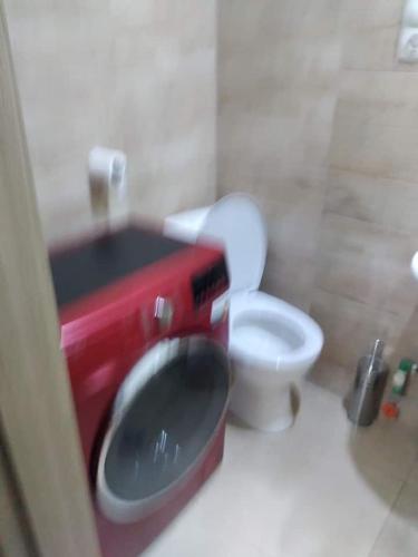 ein Badezimmer mit einem roten Waschbecken und einem WC in der Unterkunft qood plase in Tbilisi City