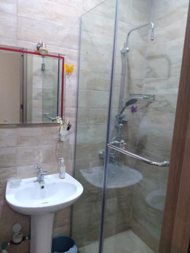 ein Bad mit einem Waschbecken und einer Dusche in der Unterkunft qood plase in Tbilisi City