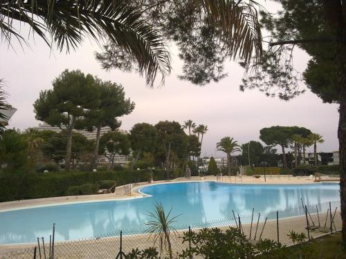 - une piscine dans un complexe avec des palmiers dans l'établissement Studio climatisé avec garage à Villeneuve Loubet Plage - FR-1-252A-35, à Villeneuve-Loubet
