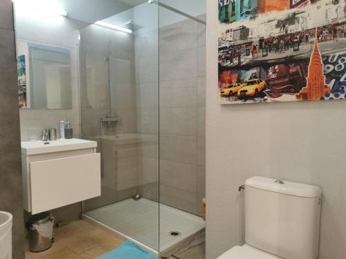 une salle de bain avec toilettes et lavabo dans l'établissement Studio climatisé avec piscine et Wi-Fi, à 150m des plages et du centre-ville de Cannes - FR-1-609-41, à Cannes