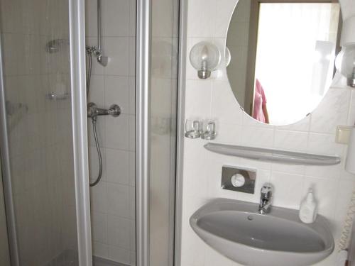 y baño con lavabo, espejo y ducha. en Hotel Maifelder Hof en Mayen