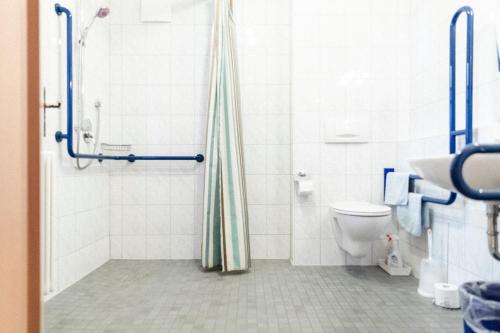 een badkamer met een douche en een toilet bij Gästehaus Hellmer in Neustadt an der Weinstraße