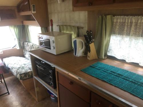 a kitchen with a microwave on a counter in a caravan at Fairhills Self Catering Caravan Units in Margate