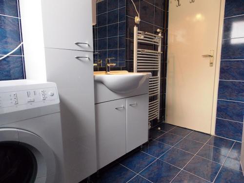 a bathroom with a sink and a washing machine at Apartment Sladić in Njivice