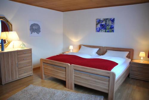 ein Schlafzimmer mit einem großen Bett mit einer roten Decke in der Unterkunft Ferienwohnungen Haus Else in Willingen