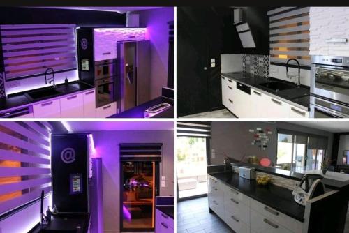 three pictures of a kitchen with purple lighting at Maison de vacances contemporaine avec piscine in Vedène
