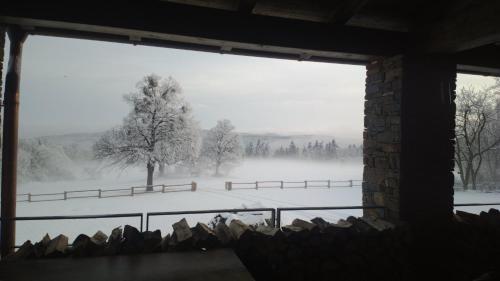 a window with a view of a snow covered field at Lovecká chata VRŠAVA in Koryčany