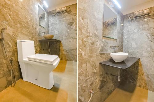 two pictures of a bathroom with a toilet and a sink at FabEscape Kautilyaa Resort With Swimming Pool 