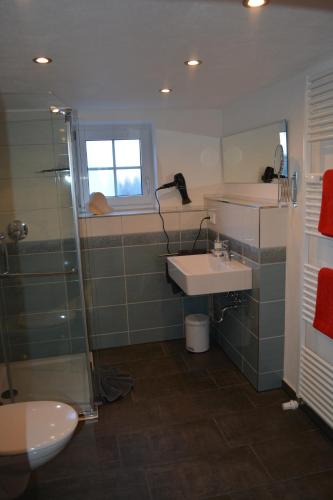 La salle de bains est pourvue d'un lavabo et d'une douche. dans l'établissement Ferienwohnung Bergkristall, à Oberstdorf