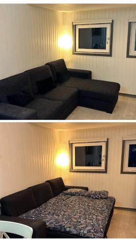 two pictures of a living room with a couch at Évika boutique hotel in Eskilsby